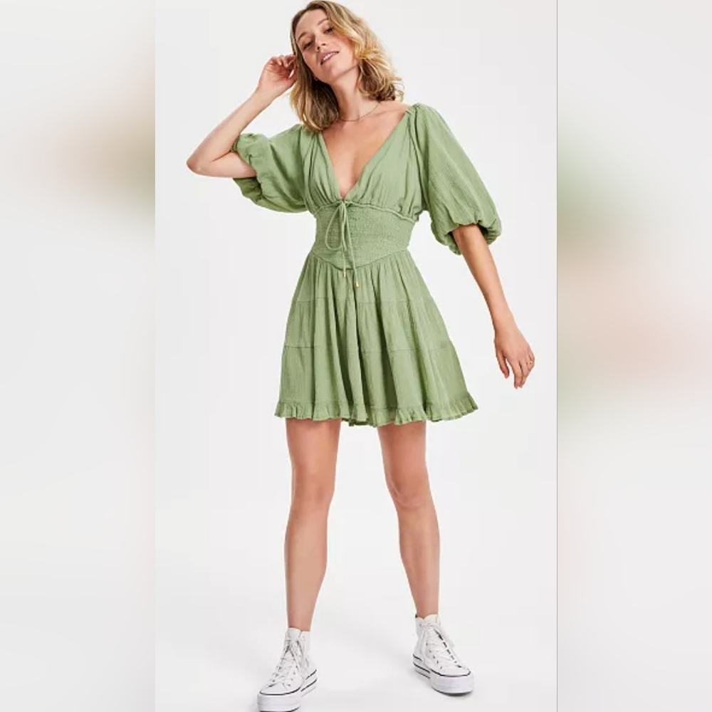 Free People Women's Perfect Day Cotton Mini Dress in Grasslands Green